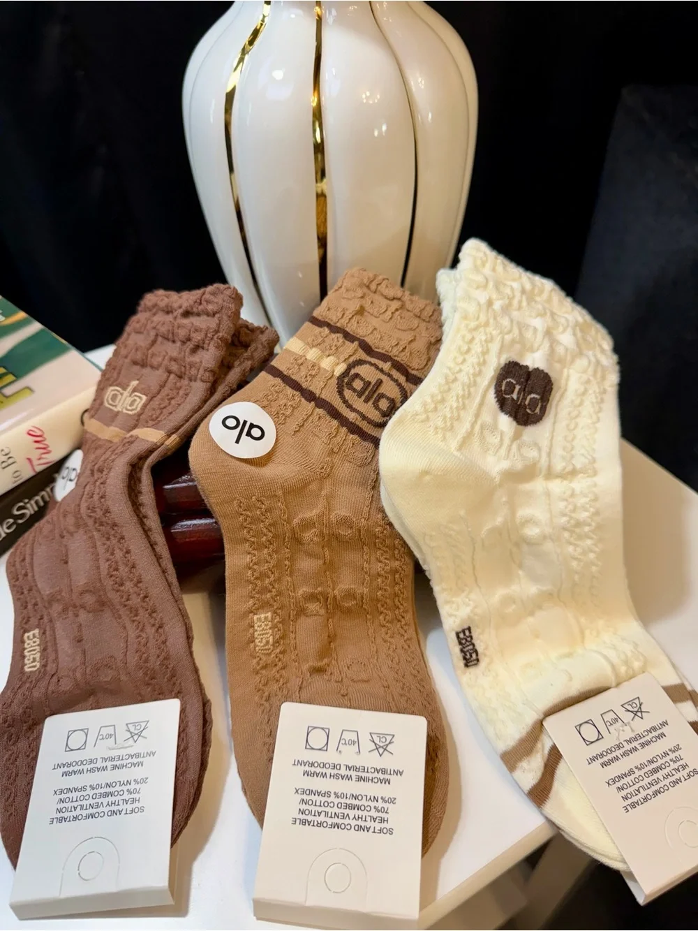 ALO Yoga Cable-Knit Crew Socks in Brown, Cream, Tan